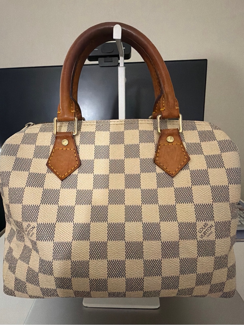 Louis Vuitton Damier Azur Beige & Brown Satchel with Tan Leather Handles